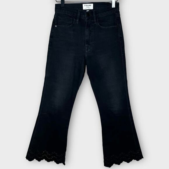 FRAME DENIM Eyelet-Hem Flared Crop Jeans in Lacey Size 25 Faded Black - Picture 3 of 7
